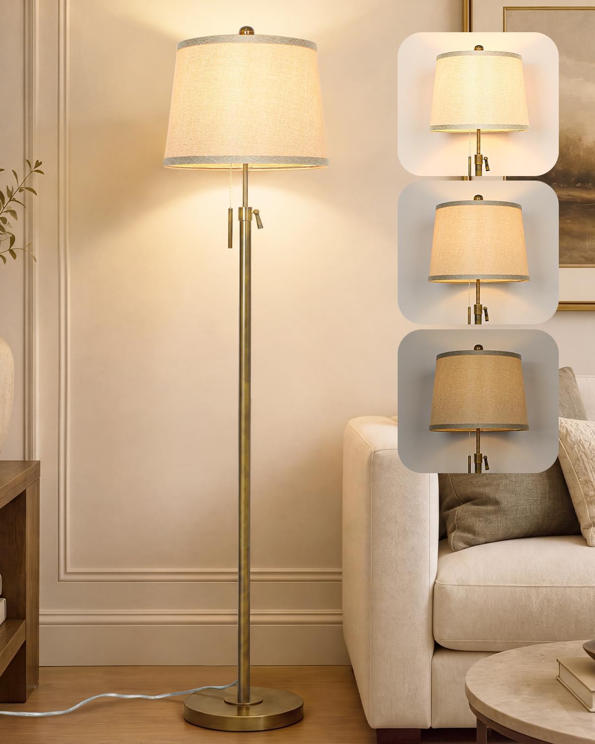 White Floor Lamp for Living Room 55-65" Adjustable Height Modern Standing Lamp with Pull Chain Tall Pole Light with White Shade for Bedroom Reading Office Corner Nursery 9W LED Bulb Included 3 Color