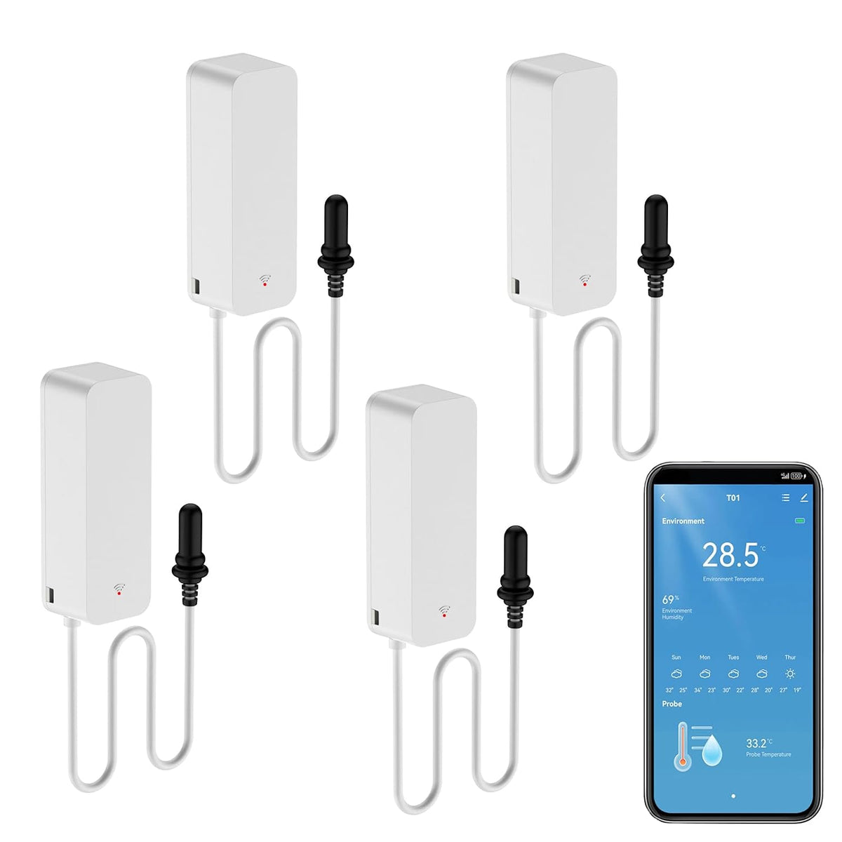Smart Thermometer Hygrometer: WiFi Temperature Sensor with External Probe, Weather Function Thermometer Humidity Meter for Freezer, Aquarium, App Alert, Compatible with Alexa (Dual Detection 2PCS)