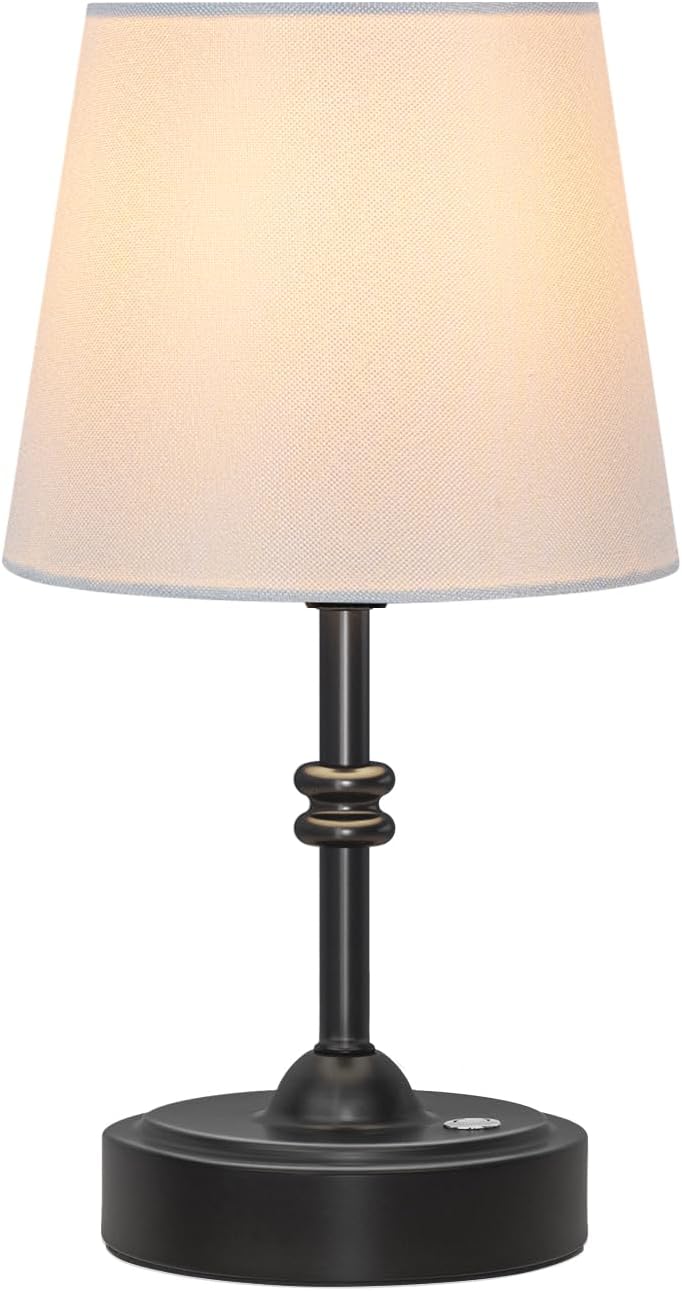 ONEWISH Small Cordless Lamp Dimmable-Battery Operated Table lamp, 4000mAh Rechargeable, Touch Bedside Lamp with White Fabric Shade, 2700K Bulb Included, for Dining, Patio, Bathroom(Gold)