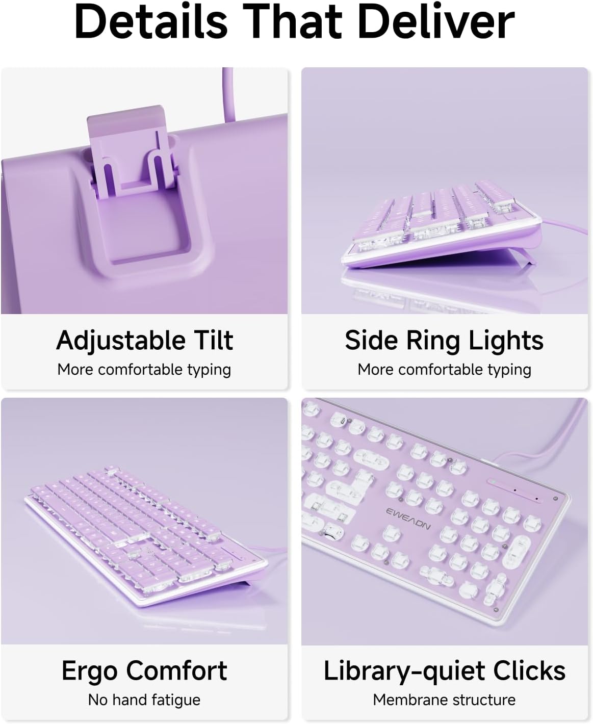Wired Keyboard with White Backlight Pudding Keycaps, Full Size, Purple