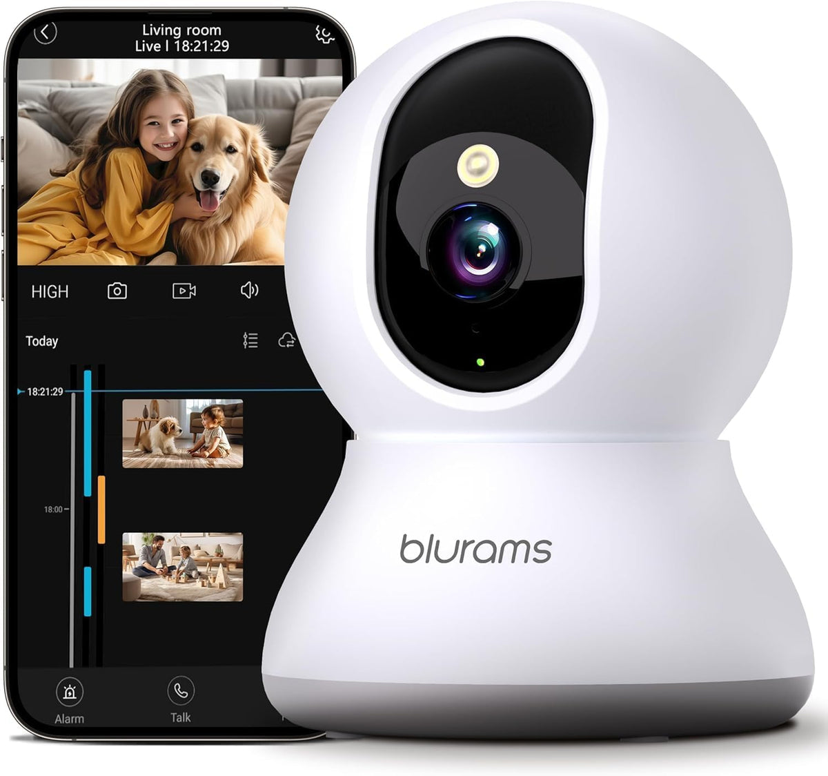 blurams Security Camera 2K, Baby Monitor Dog Camera 360-degree for Home Security (White + 64GB TF Card)