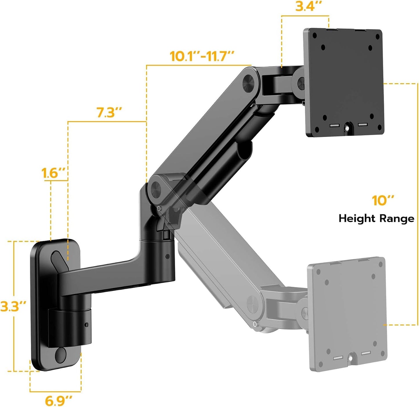 ARES WING Wall Mount Monitor Arm for 17-49 Inch Ultrawide Screens, Black | Heavy Duty Single Monitor Arm Holds 44 lbs, Fully Adjustable Gas Spring Monitor Wall Mount, 75x75/100x100 VESA Mount