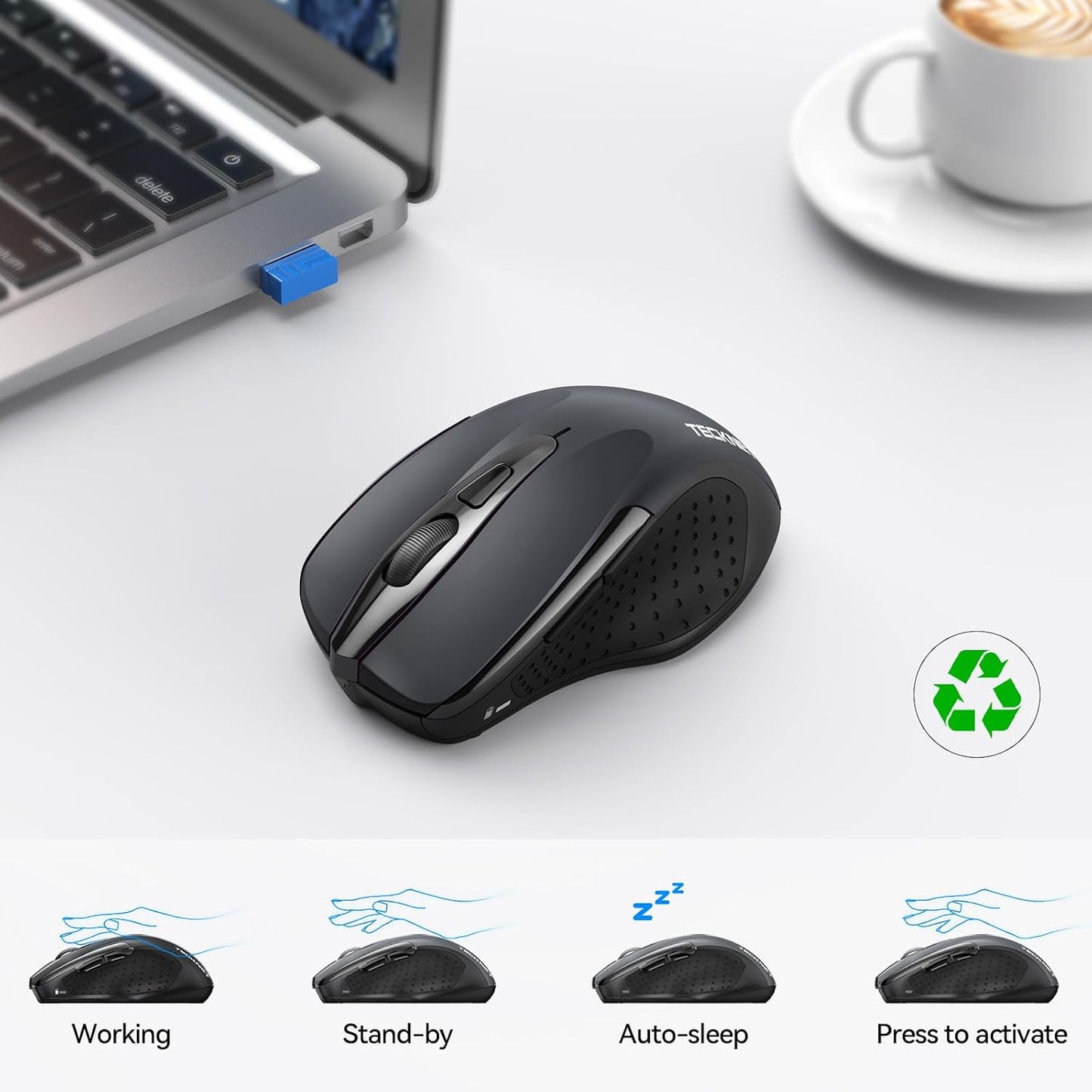 TECKNET Wireless Mouse, BT 5.0/2.4G, Silent 4800 DPI 6 Buttons, Grey | Bluetooth 5.0/3.0 & USB A, 2-Device Easy Switch, Wide OS Compatible, 6-DPI, Ergonomic for S/M Hands, Extended Battery