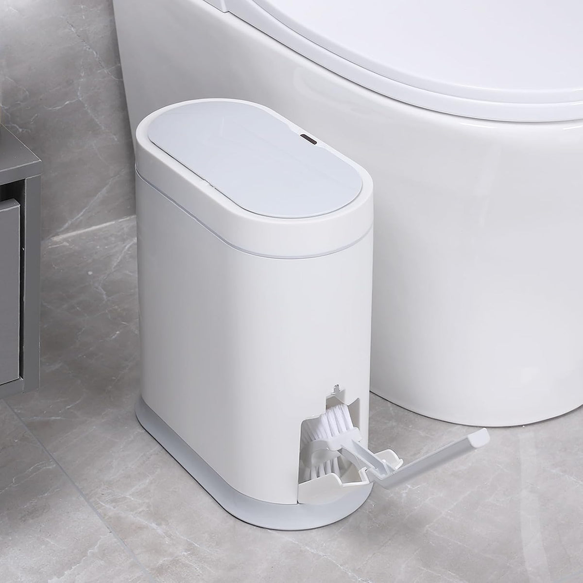 Bathroom Trash Can with Toilet Brush, 2.5 Gallon, Motion Sensor, Grey