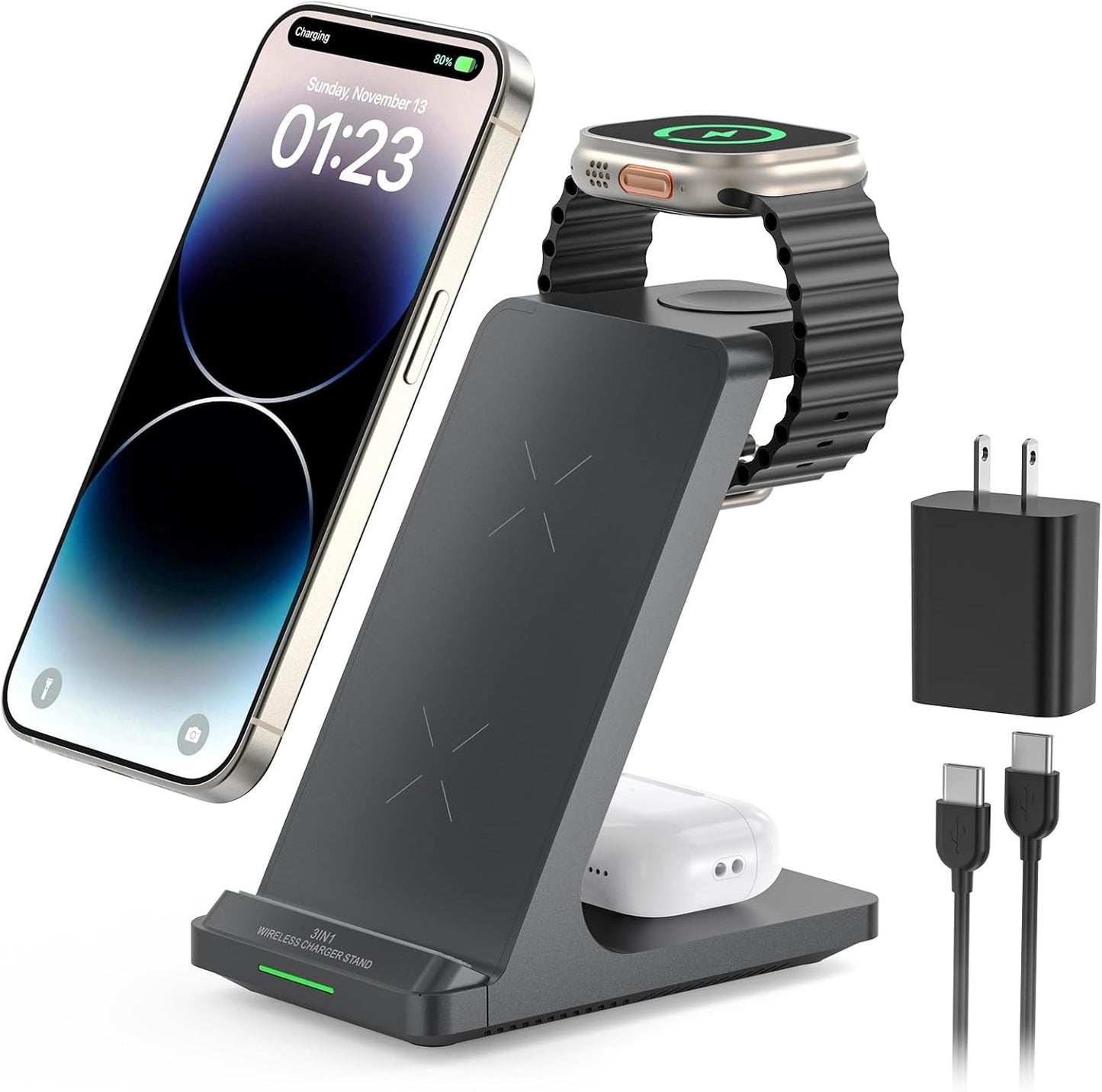 Wireless Charging Station, 3 in 1 Fast Wireless Charger Stand for Multiple Devices Apple Watch Ultra Series 11 10 9 8 7 6 SE 5 4 3 2, iPhone 17 16 15 14 13 12 11 Pro Max/Plus/Air/X/XS/XR/SE, Airpods