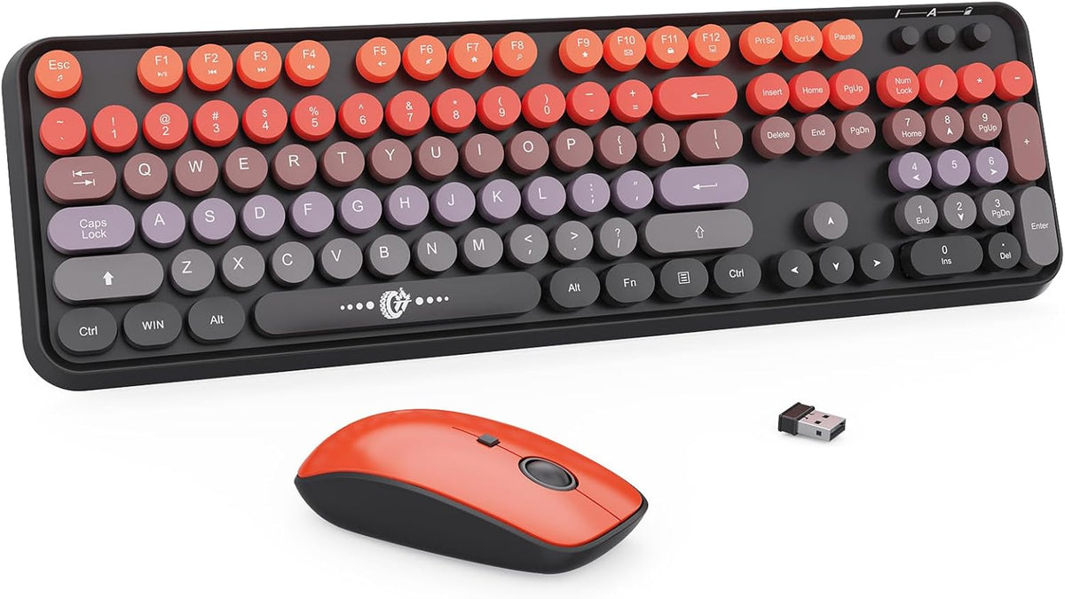 FOPETT Wireless Keyboard and Mouse Combo - 2.4G Full-Sized Cute Colorful Mouse and Keyboard with 104 Round Keys Retro Typewriter Keyboard for Laptop/Windows/PC - Black Purple