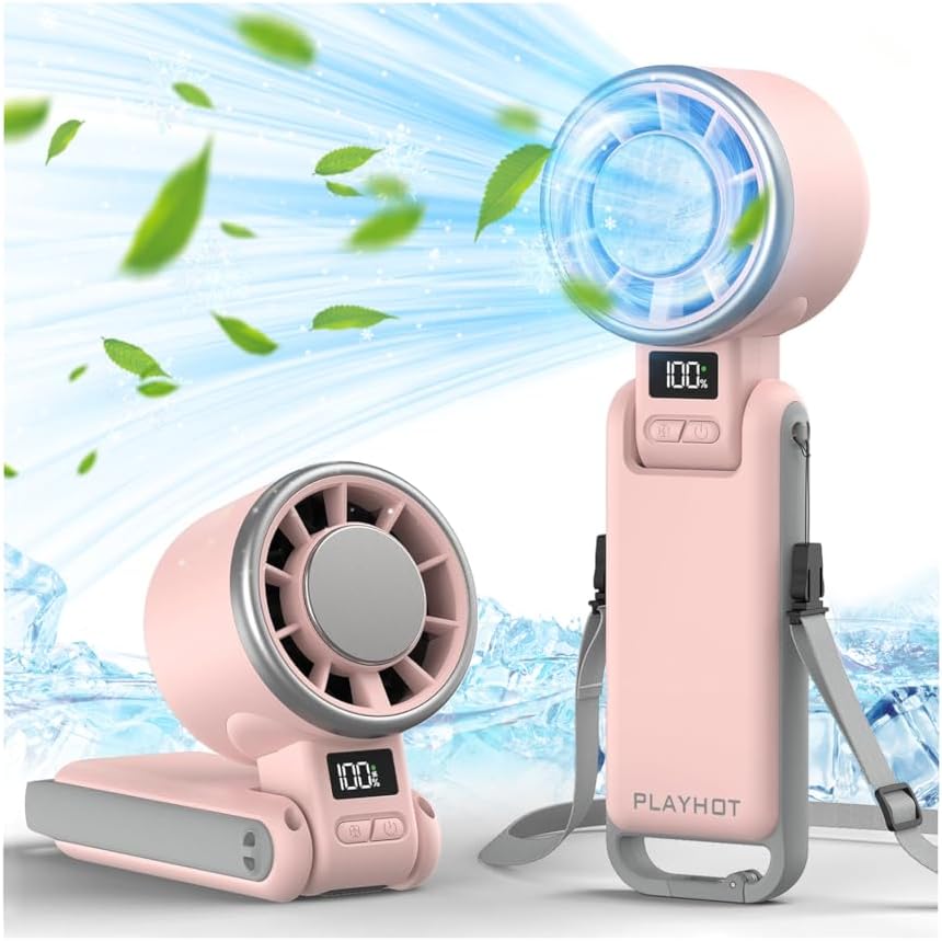 PlayHot Portable Handheld Cooling Fan, Travel Essentials, Gifts for Women | Instant Cooling, 10m/s Airflow, 5-Speed, 10H Max, USB-C Rechargeable, LED Display, 3-in-1 Foldable for Cruise, Beach Vacation