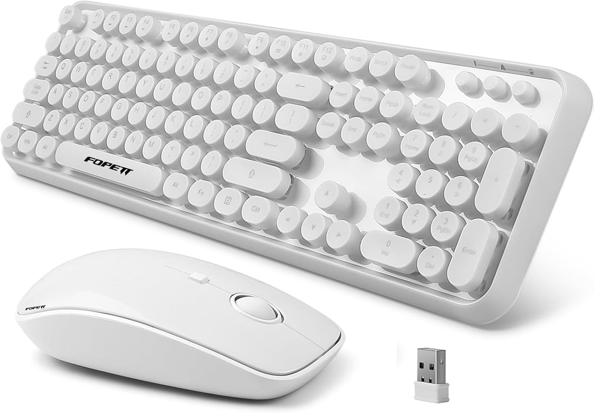 FOPETT Wireless Keyboard and Mouse Combo - 2.4G Full-Sized Cute Colorful Mouse and Keyboard with 104 Round Keys Retro Typewriter Keyboard for Laptop/Windows/PC - Green Gradient