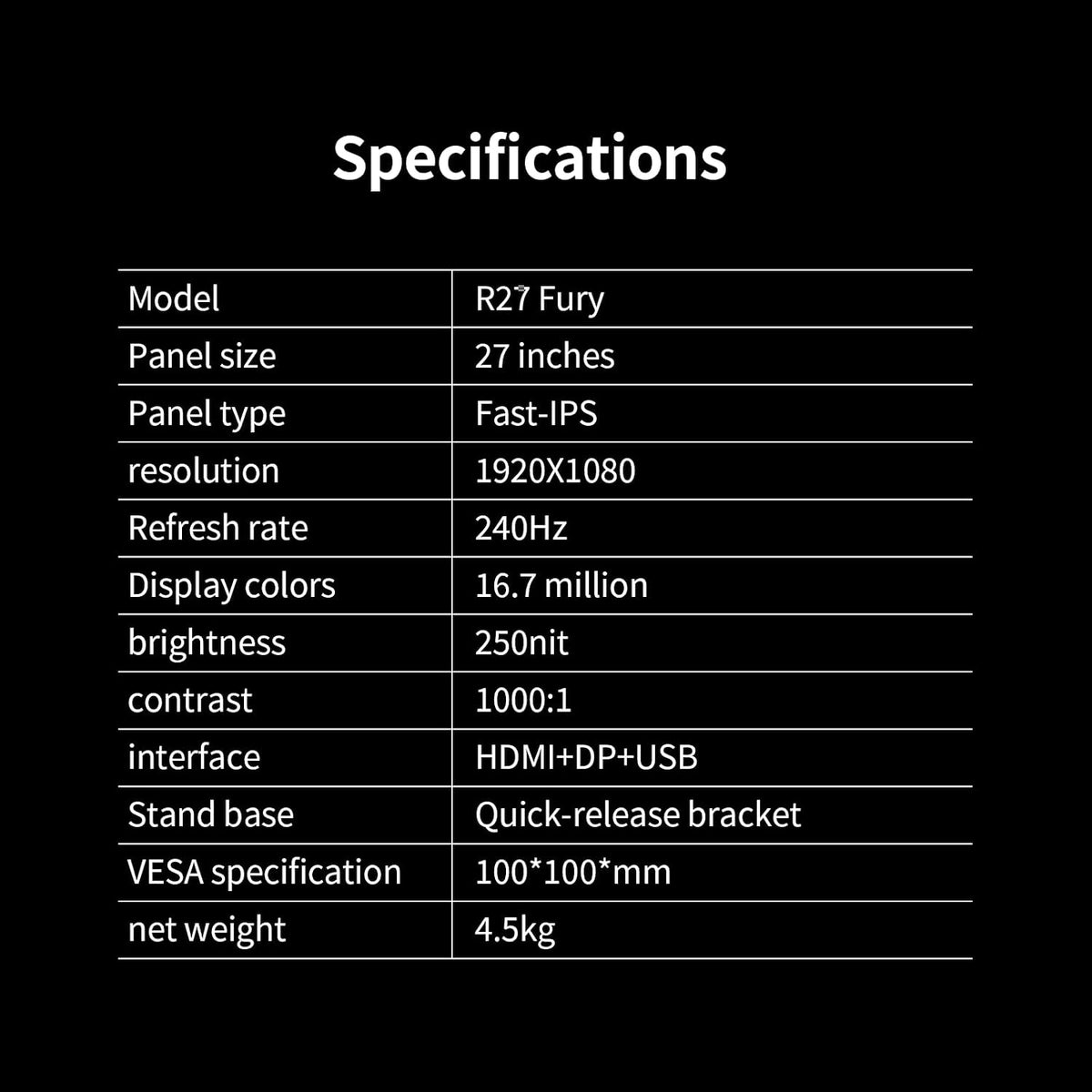 27 Inch Gaming Monitor, FHD 1920 x 1080, 240Hz Refresh Rate, Fast IPS Panel, 1ms Response Time, FreeSync & G-Sync Compatible, 100% sRGB, 16.70 Million Colors, HDMI & DP Ports (R27 Fury)