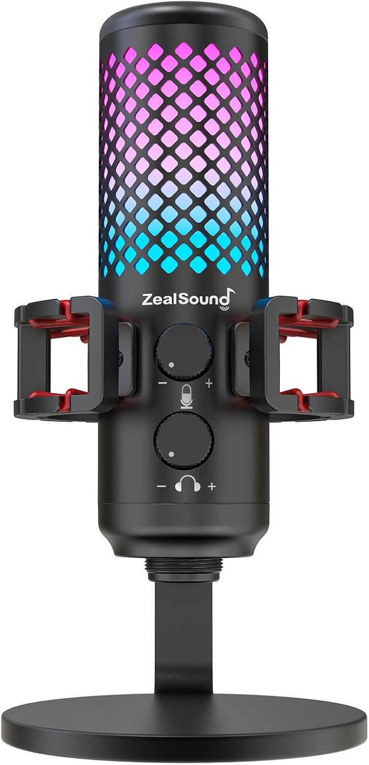 ZealSound USB Microphone for iPhone iPad Android & PC, All-Metal RGB Mic with Mute, Gain Knob, Real-Time Monitoring, Heavy-Duty Base & Detachable Pop Filter, for Podcasting Streaming Gaming TikTok