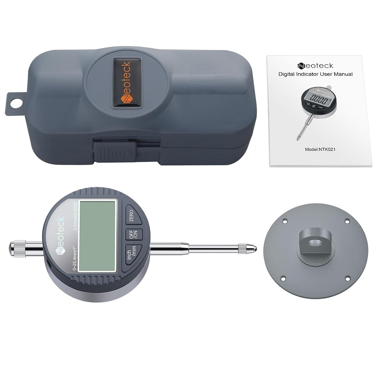Neoteck 1"/25.4mm Digital Dial Indicator 0.0005"/0.01mm Dial Test Indicator | DTI Dial Gauge with Large LCD Display,Inch/Metric Conversion,Zero Setting for Mechanical Industrial Measurement CNC-Grey