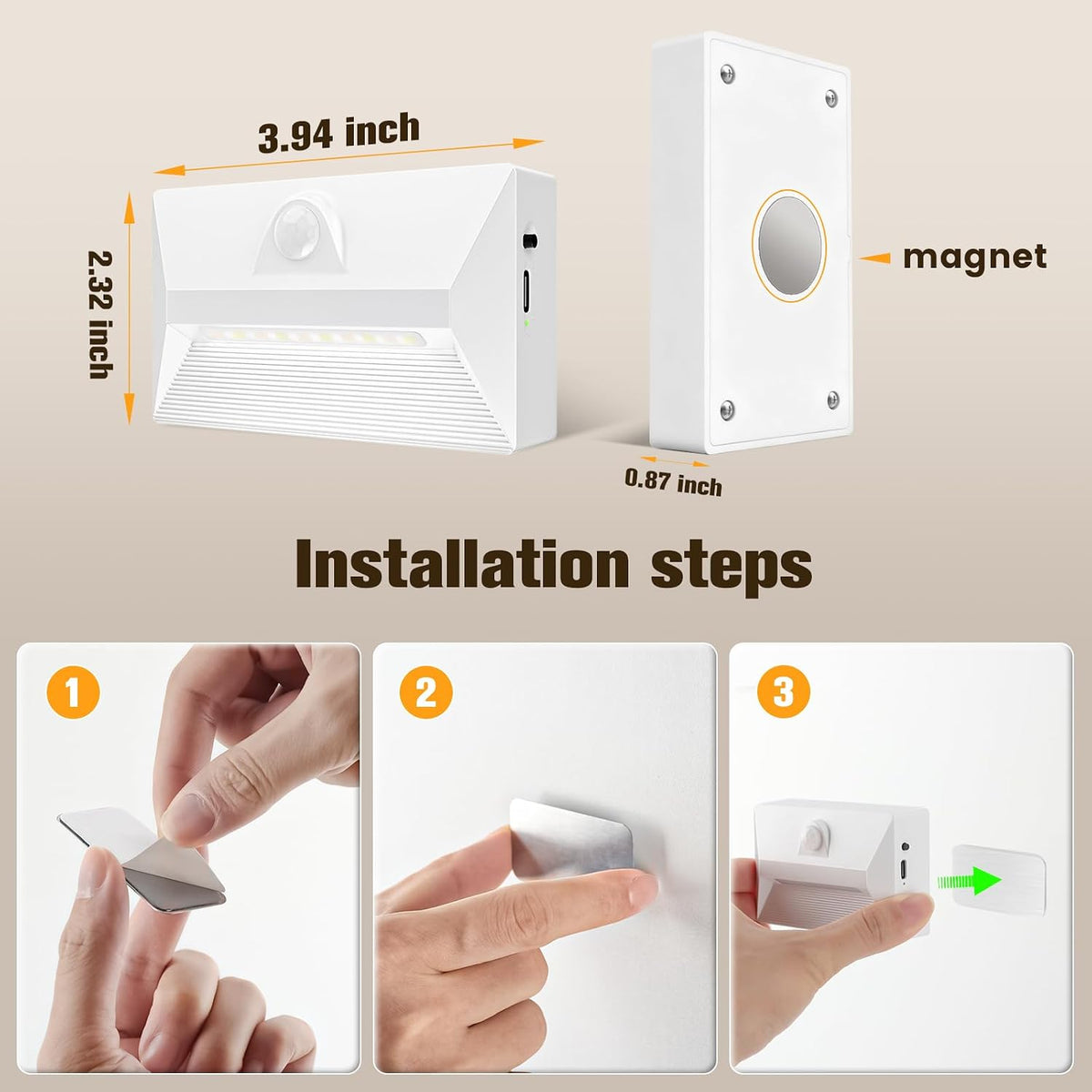 VOLISUN Motion Sensor Rechargeable Stair Lights, 3 Modes 3CCT 6Pack,White