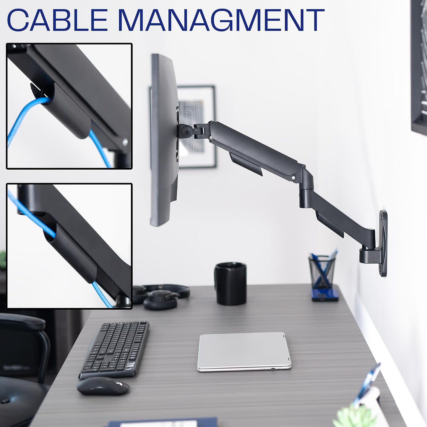 VIVO Single Monitor Counterbalance Wall Mount for 32 inch Screens up to 19.8 lbs, Full Motion, Max VESA 100x100, Black, MOUNT-V001G