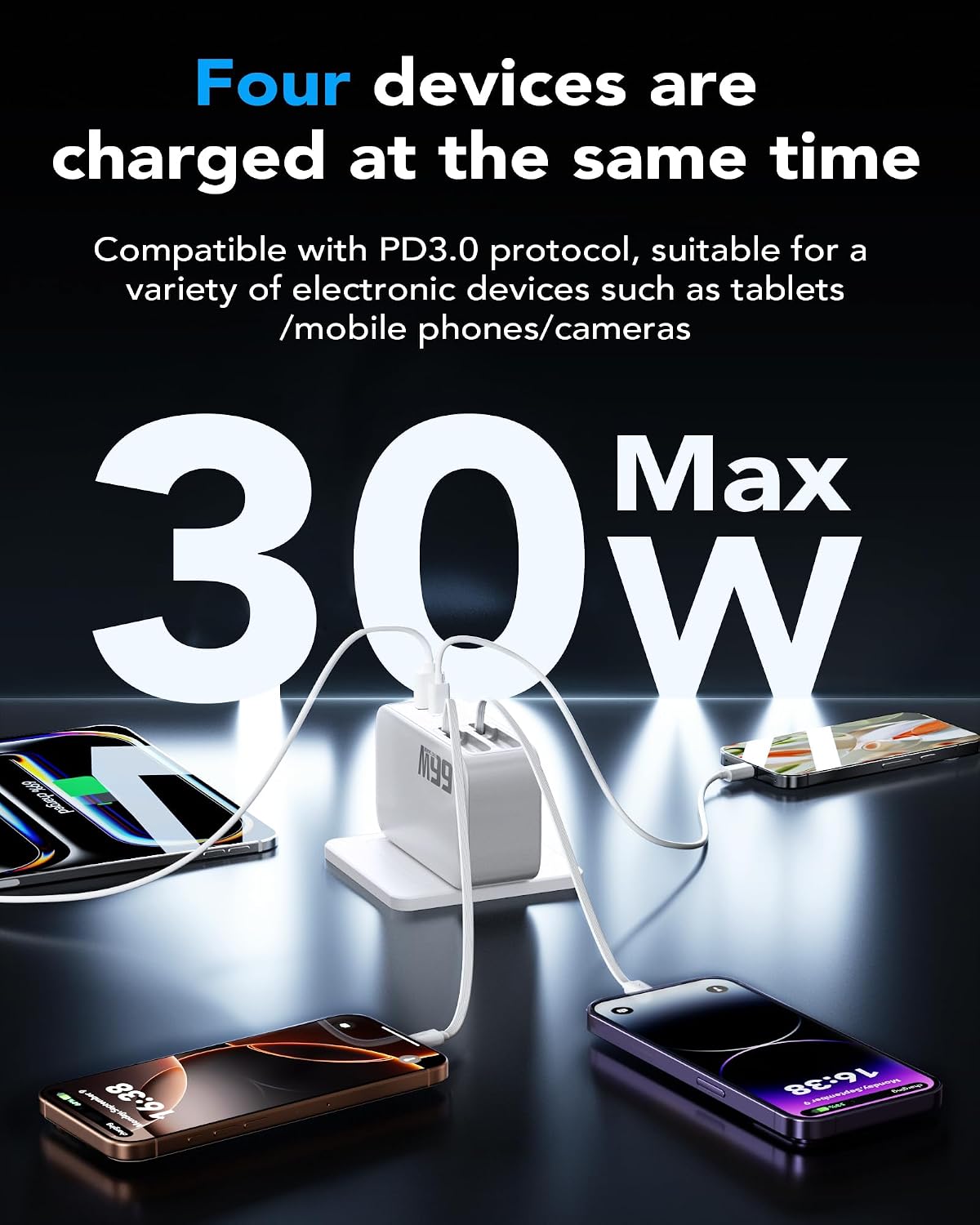 66W Retractable Wall Charger,4-in-1 Plug with USB-C&Lightening Fast Charger | 4-in-1 Plug with Type C&Lightening Cord Fast Charger for iPhone 17,Fast Charging Block for Mac Book,iPad,Galaxy,Pixel