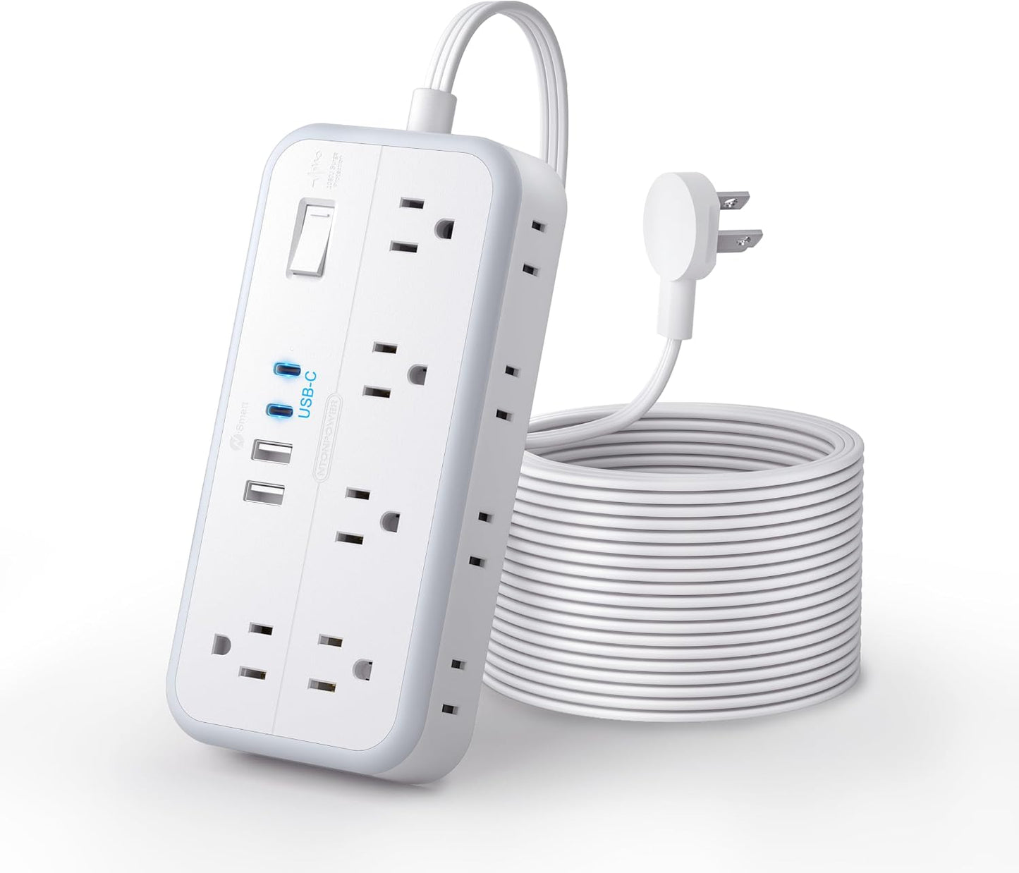 Flat Extension Cord 25 FT, NTONPOWER Long Power Strip, 10 Outlets 4 USB Ports (2 USB C), 3 Side 3 Prong & 2 Prong, Overload Protection, Flat Plug Wall Mount, White, SurgePro