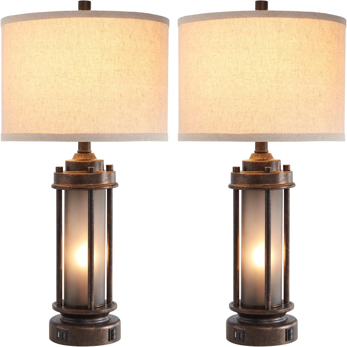 Set of 2 Farmhouse Lamps for Living Room with Glass Night Light and USB C+A | Rustic Vintage Bedroom Nightstand Table Lamp, Built-In Frosted Glass for End Table Entryway, 4 Bulbs Included (Bronze)