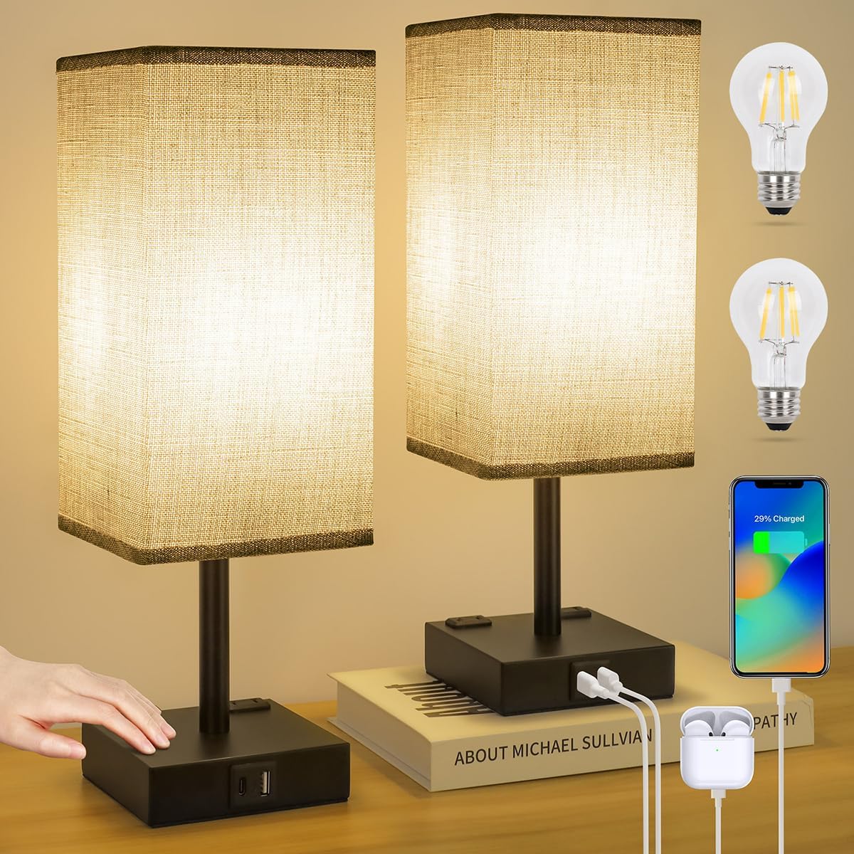 Bedside Table Lamps Set of 2 - Touch Nightstand Lamp for Bedroom with USB C+A Charging Ports & AC Outlets, 3-Way Dimmable Desk Lamp Grey Fabric Shade for Bedroom Living Room, Office(Bulb Included)