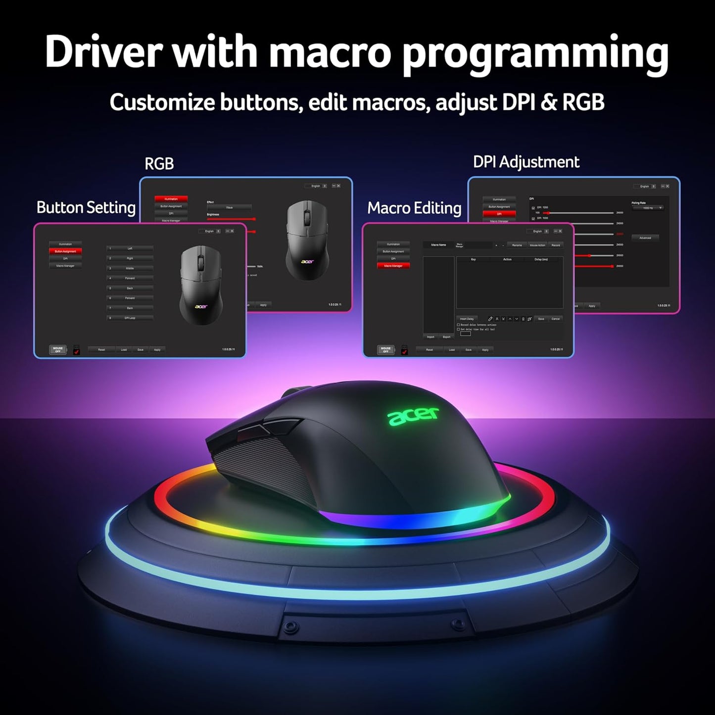 Acer Dual-Mode 2.4GHz Wireless & Wired Computer Gaming Mouse for PC, Laptop | Left & Right Handed Mouse with 24,000 DPI, 8 Programmable Buttons, Rechargable Gaming Mice, Long Battery Life, RGB Gamer