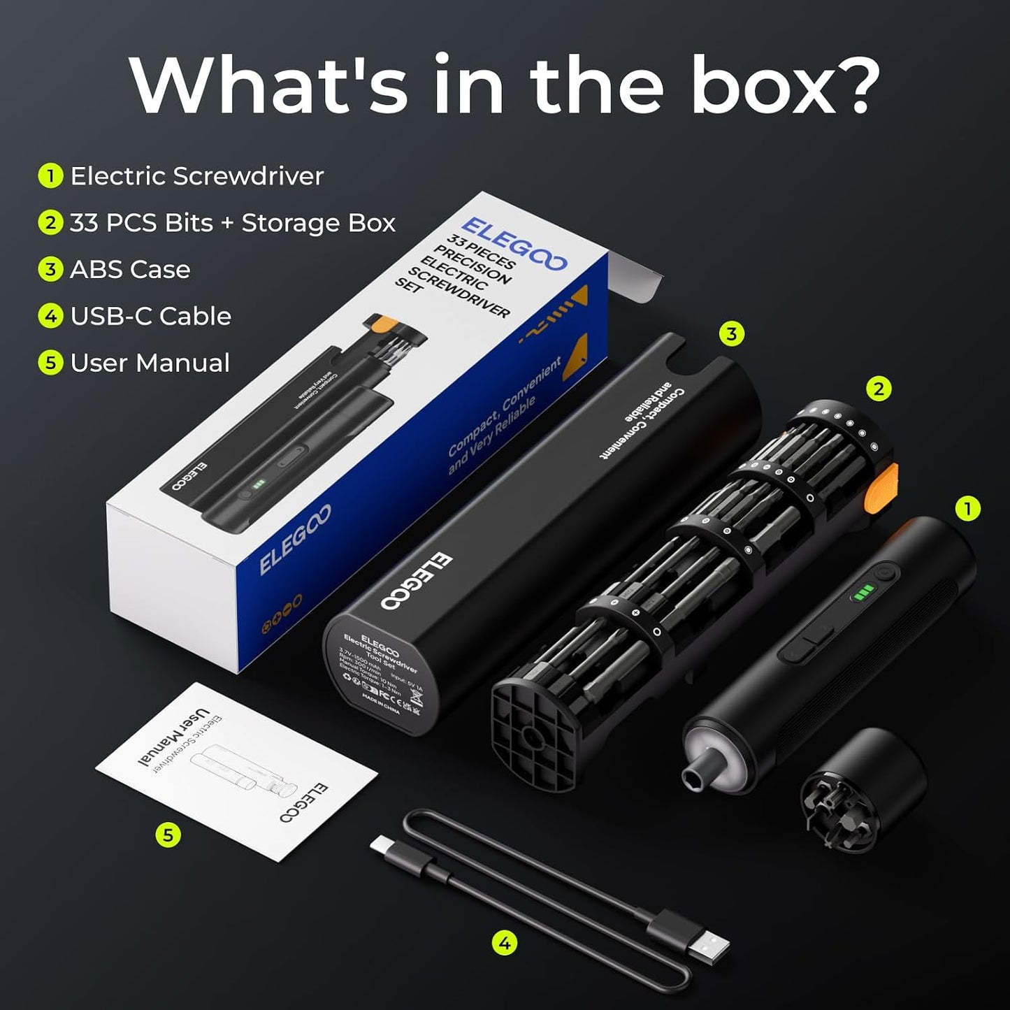 ELEGOO Electric Screwdriver Set with 33 Magnetic Bits and 3 Torque Setting | Max 10 N.m, 1500mAh Rechargeable Cordless Screwdriver, LED Light, Mini Power Screwdriver Tool Kit for 3D Printer, PC, Camera