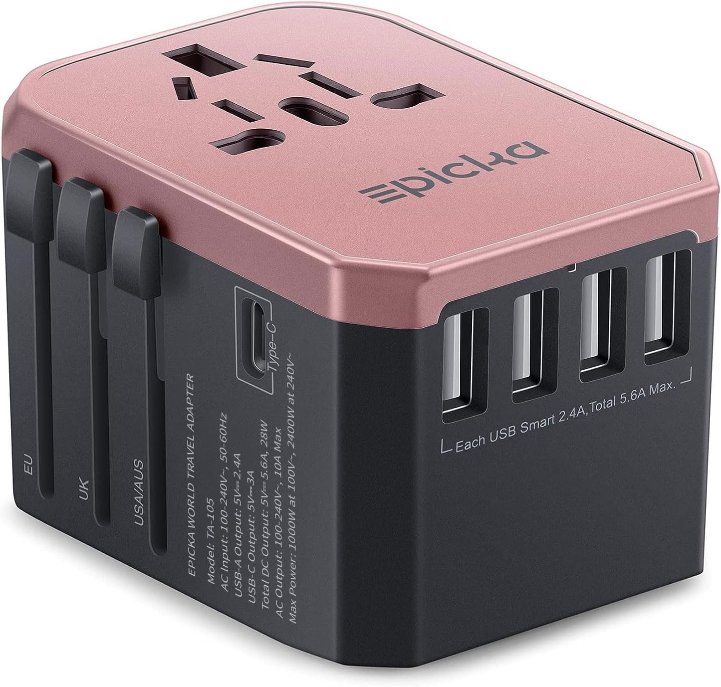 EPICKA Universal Travel Adapter with 1AC/1 USB-C/4 USB-A Ports | Travel Plug Adapter for EU/US/UK/AUS, Supports Charging for Multi-Device, Not A Voltage Converter, TA-105, Grey