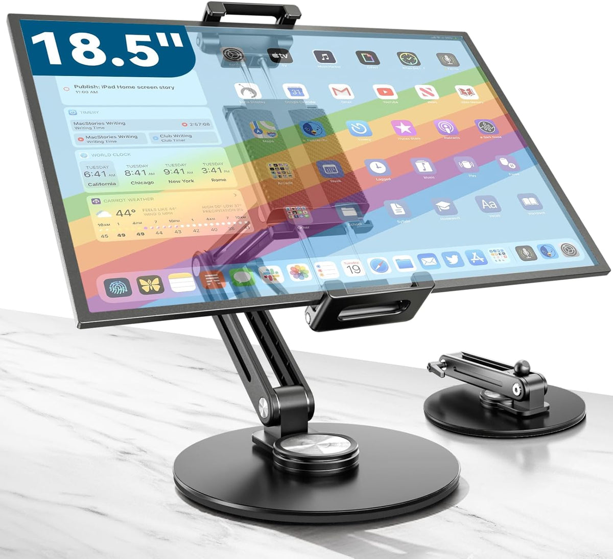 Portable Monitor Arm Mount Holder Screen Stand 18.5" 360° Rotating Base | Solid Aluminum,Tool-Free Tilt,No Sagging,Zero Plastic Joints,Hybrid Lock,Desk Protection Clamp for WFH Setups & Coding