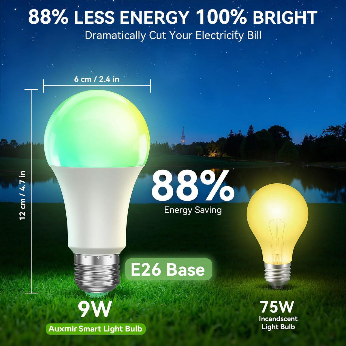 Auxmir A19 Smart Light Bulbs with Remote, RGB+CCT Color LED Bulbs, 2-Pack
