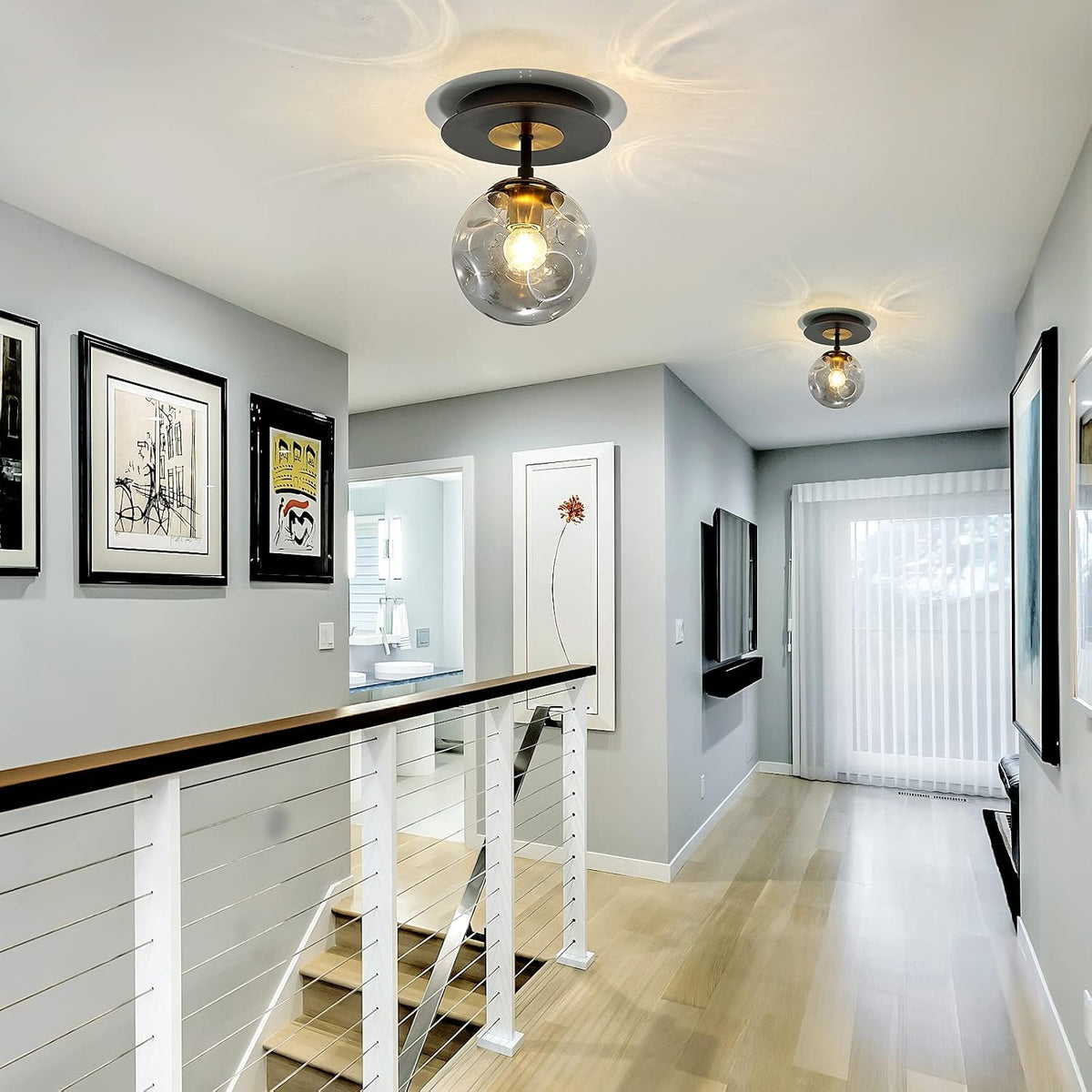 1-Light Mini Glass Globe Ceiling Light,Modern Semi Flush Mount Light Fixture,Black Ceiling Light for Hallway Aisle Porch Stairway Closet.