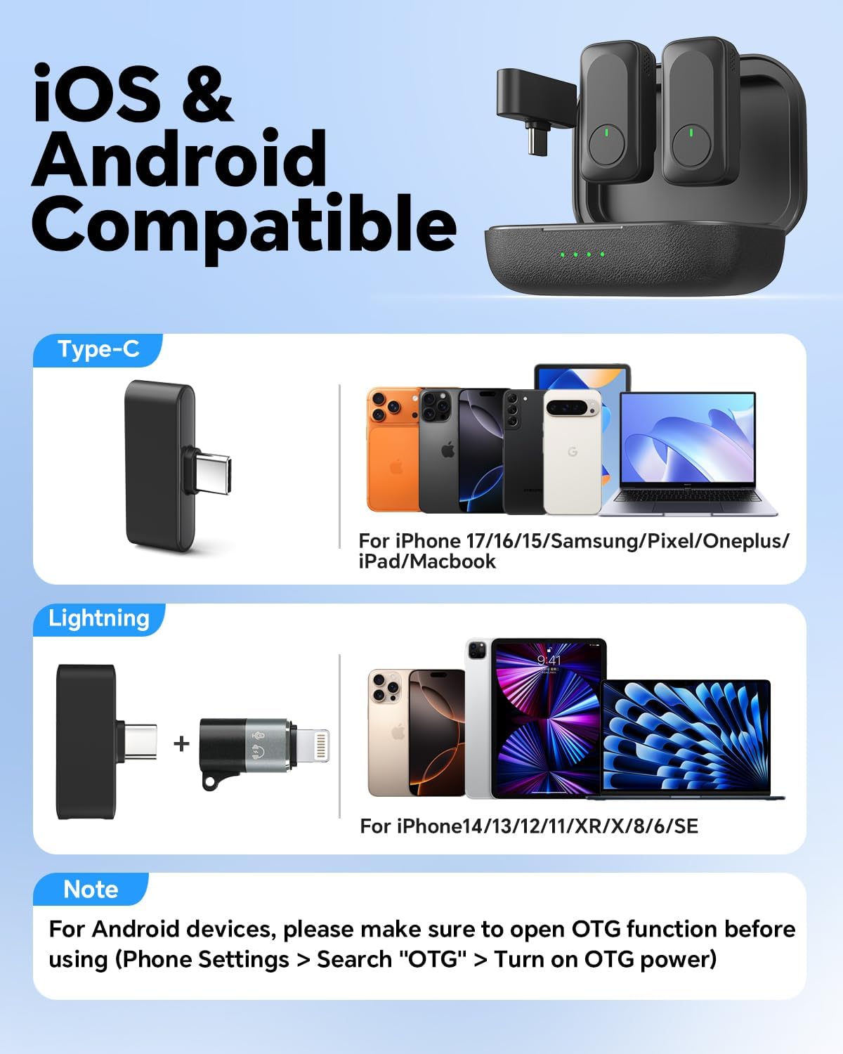 Wireless Lavalier Microphone for iPhone/Android Phone/Laptop/PC, Mini Lapel Mic with 50H Battery Life Charging Case, 100FT Range and Noise Reduction, for Video Recording, Streaming, TikTok