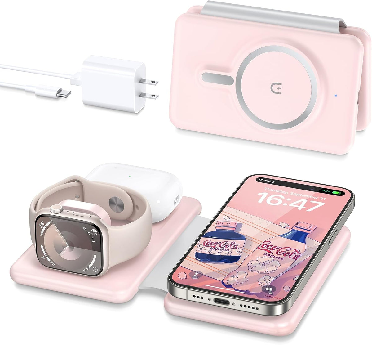 Wireless Charger iPhone - 3 in 1 Charging Station for Apple Devices for iPhone 17 16 15 14 13 12 Pro Max Plus - Foldable Magnetic Charging Pad for Apple Watch Series & Airpods Series