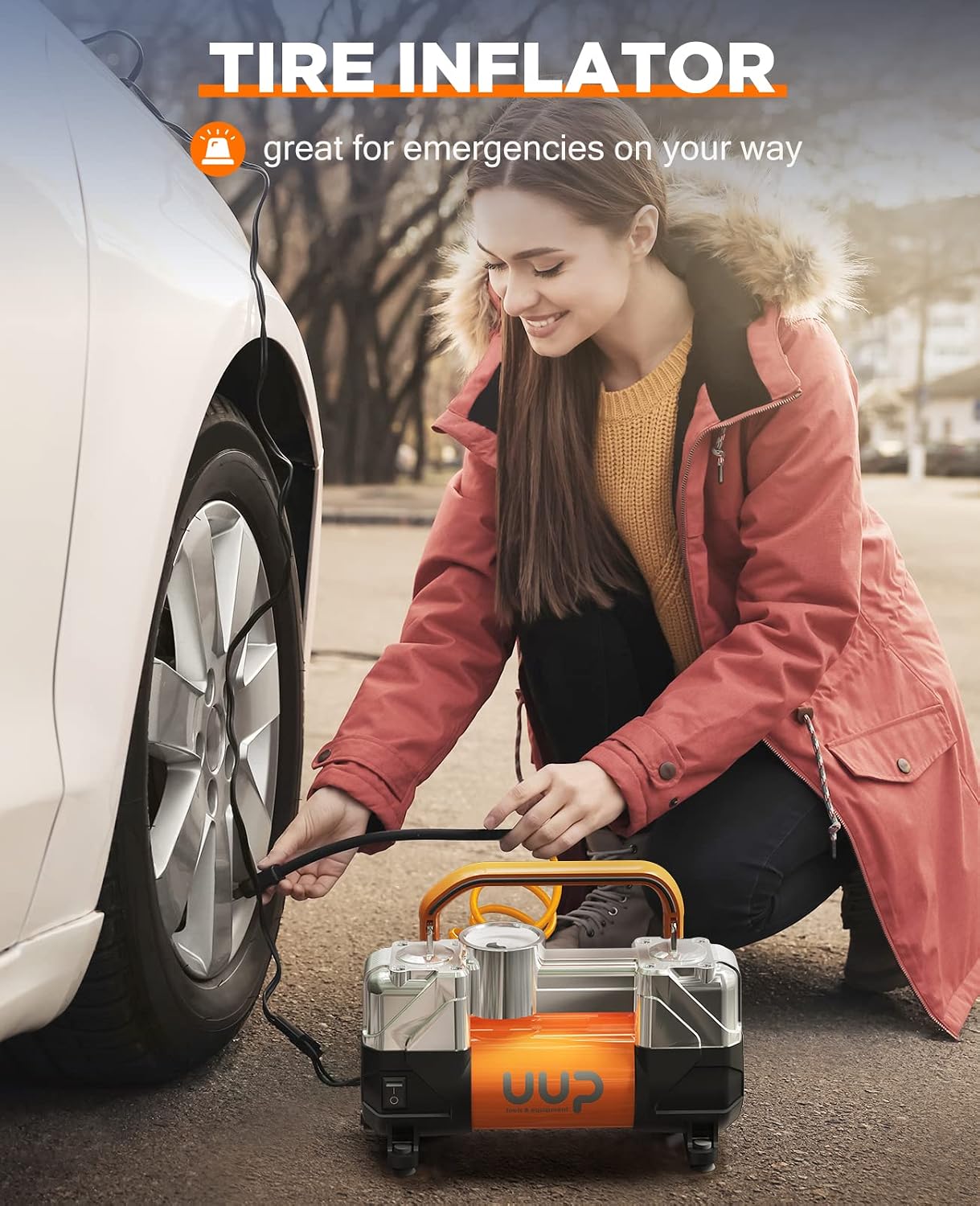 UUP Portable 12V Air Compressor, 150 PSI Tire Inflator with Dual Cylinders | Heavy-Duty Air Pump with Emergency LED Light for Car, Truck, SUV, RV, Bicycle Tires, Balls, Air Mattress, Orange