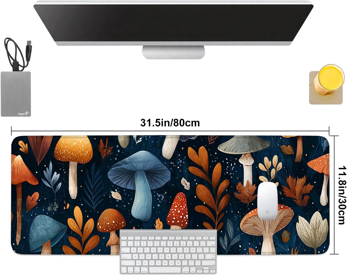Mushroom Forest Mouse Pad – Large Extended Desk Mat 31.5 x 11.8 in– Autumn Woodland Fungi Illustration, Waterproof Surface, Non-Slip Rubber Base, Keyboard & Mouse Pad for Nature Lovers