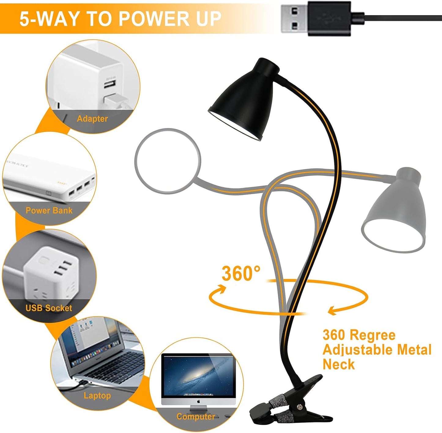 BOHON Desk Lamp 5 Color Modes 10 Brightness Dimmer Reading Light Black | 10W 38 LED Clamp Lamp with Auto Off Timer 360° Flexible Neck Clip on Light for Bed Bedside, AC Adapter Include