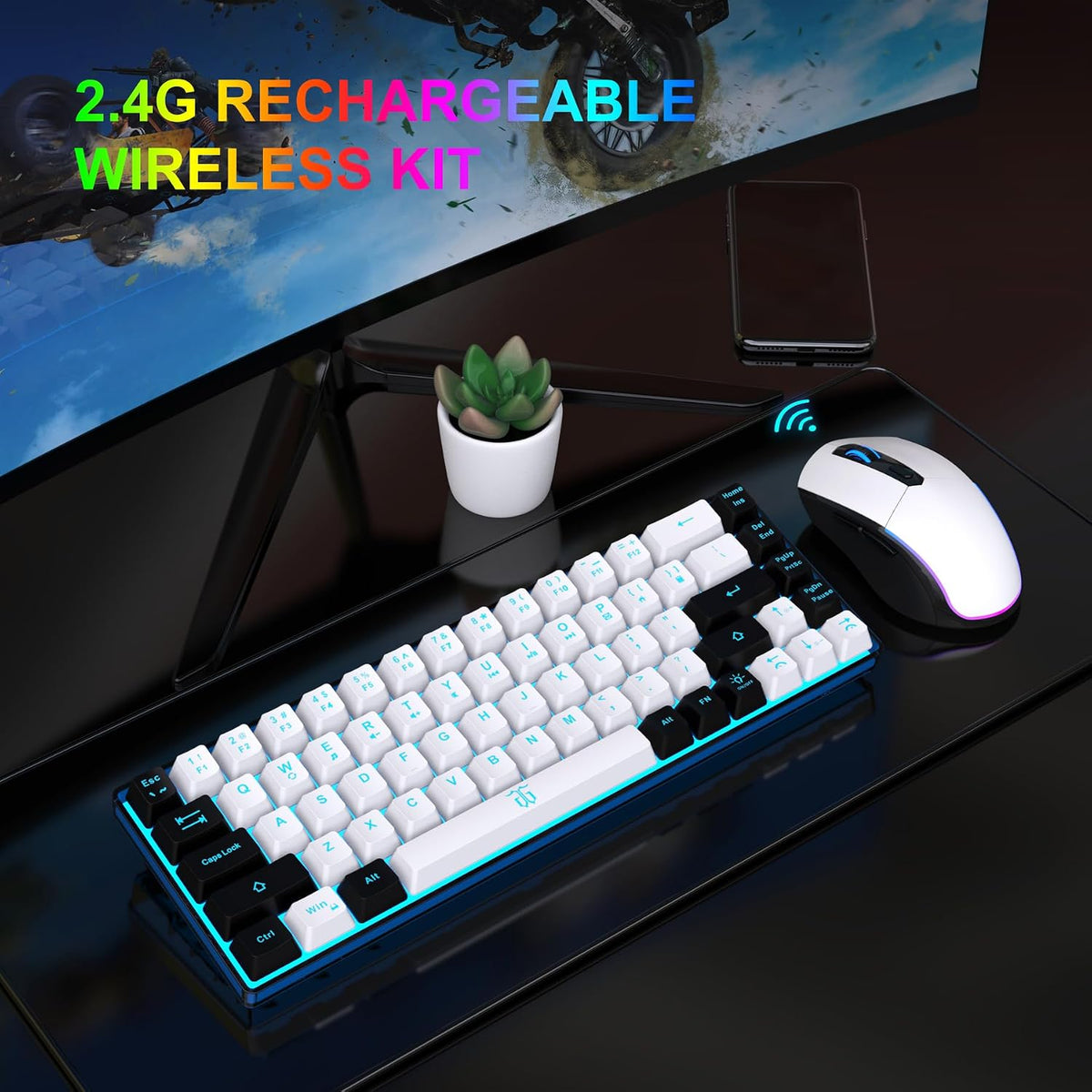 Snpurdiri 60% Wireless Gaming Keyboard and Mouse Combo (White-Black)