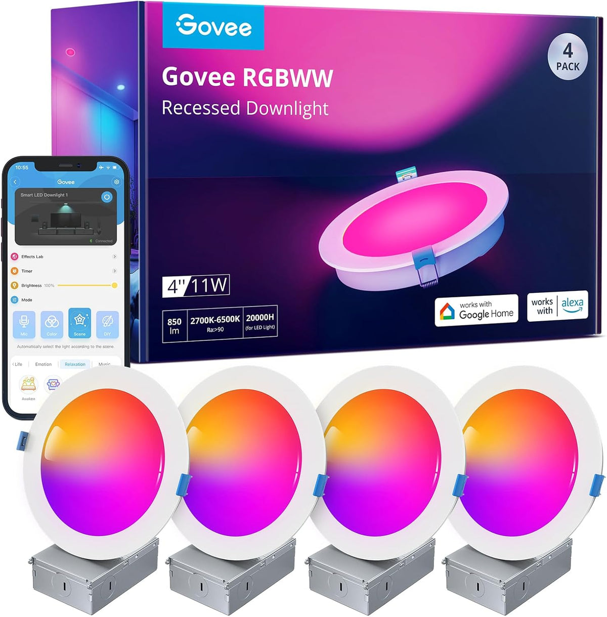 Govee Smart Recessed Lighting 6 Inch, Wi-Fi Bluetooth Direct Connect RGBWW LED Downlight, 65 Scene Mode, Canless Recessed Light Work with Alexa & Google Assistant with Junction Box, 1100 Lumen, 4 Pack
