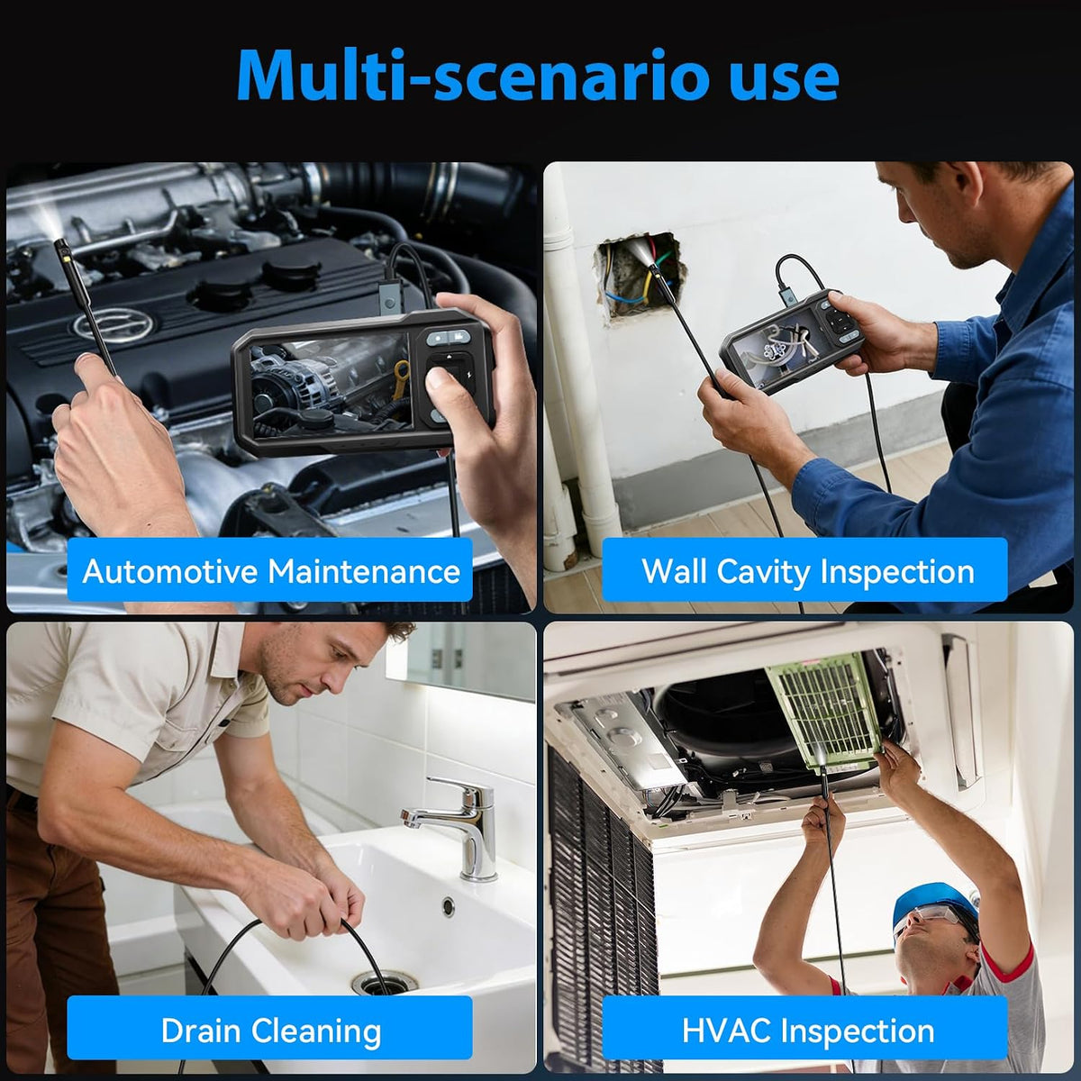 KIRFEIHT Endoscope Camera with Light, Dual Lens Borescope Camera with Light | IP67 Waterproof Inspection Camera with 32GB Card, 16.4FT Semi-Rigid Snake Cord, Android & PC Compatible for HVAC Automotive
