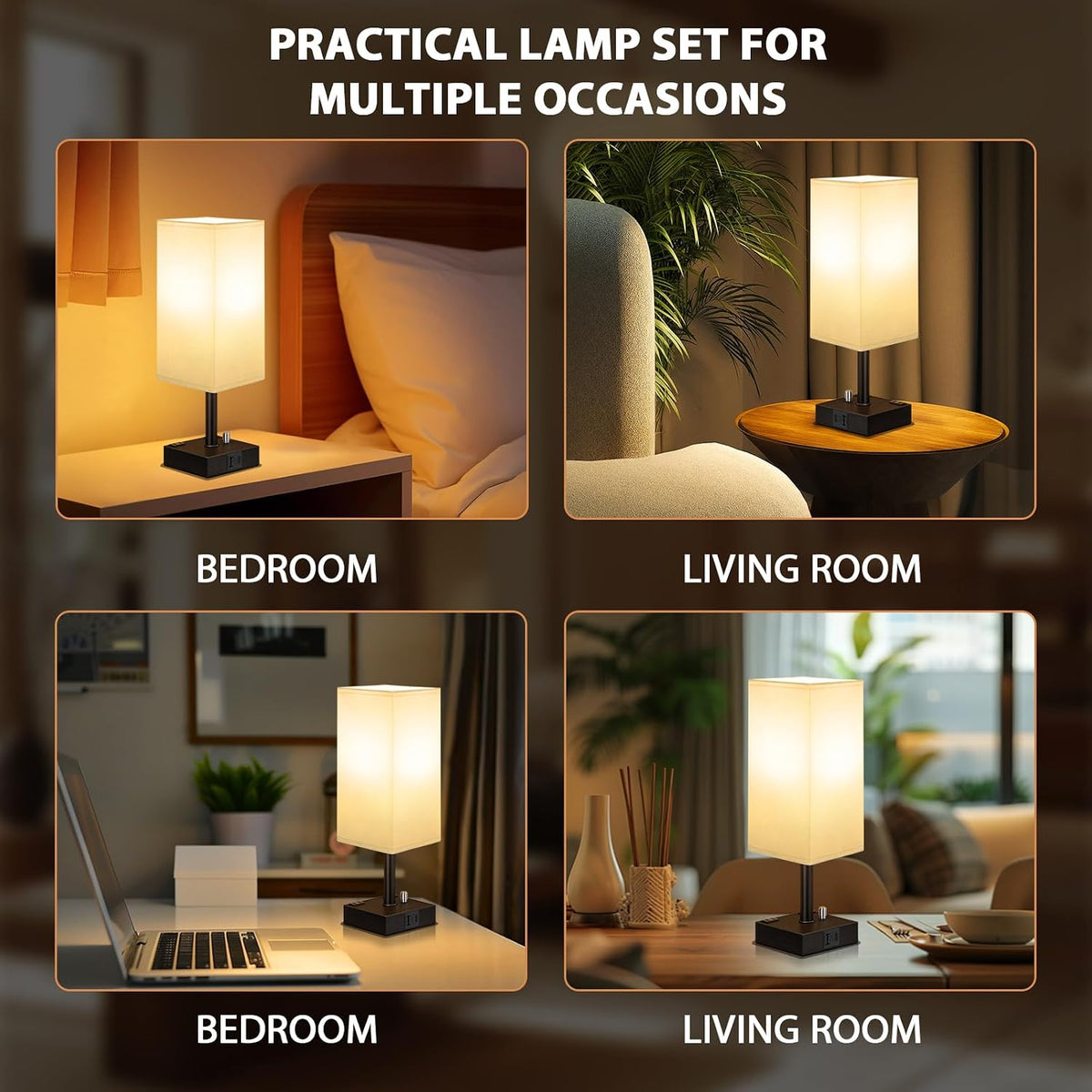White Bedside Table Lamps Set of 2 - Dimmable, USB C+A, 2 AC Outlets
