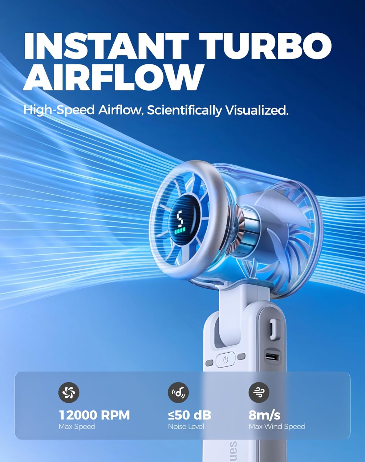 Diveblues Portable Handheld Turbo Fan, 5 Gear Wind, Battery Operated, Up to 12 Working Hours, 3 IN 1 Hand Fan with Air Turbo Tech Cooling Fan for Outdoor Activities, Travel, Working, Silvery white