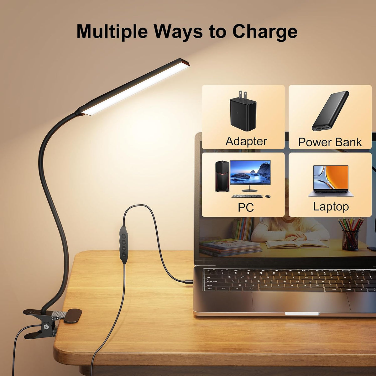 Vansuny Clip on LED Desk Lamp, Eye-Caring USB Reading Light for Home Office | 3 Color Modes,6 Brightness Levels,Adjustable Gooseneck,Sturdy Metal Clip,5W Black,Fits Dorm Bed, Monitor Side & Narrow Spaces
