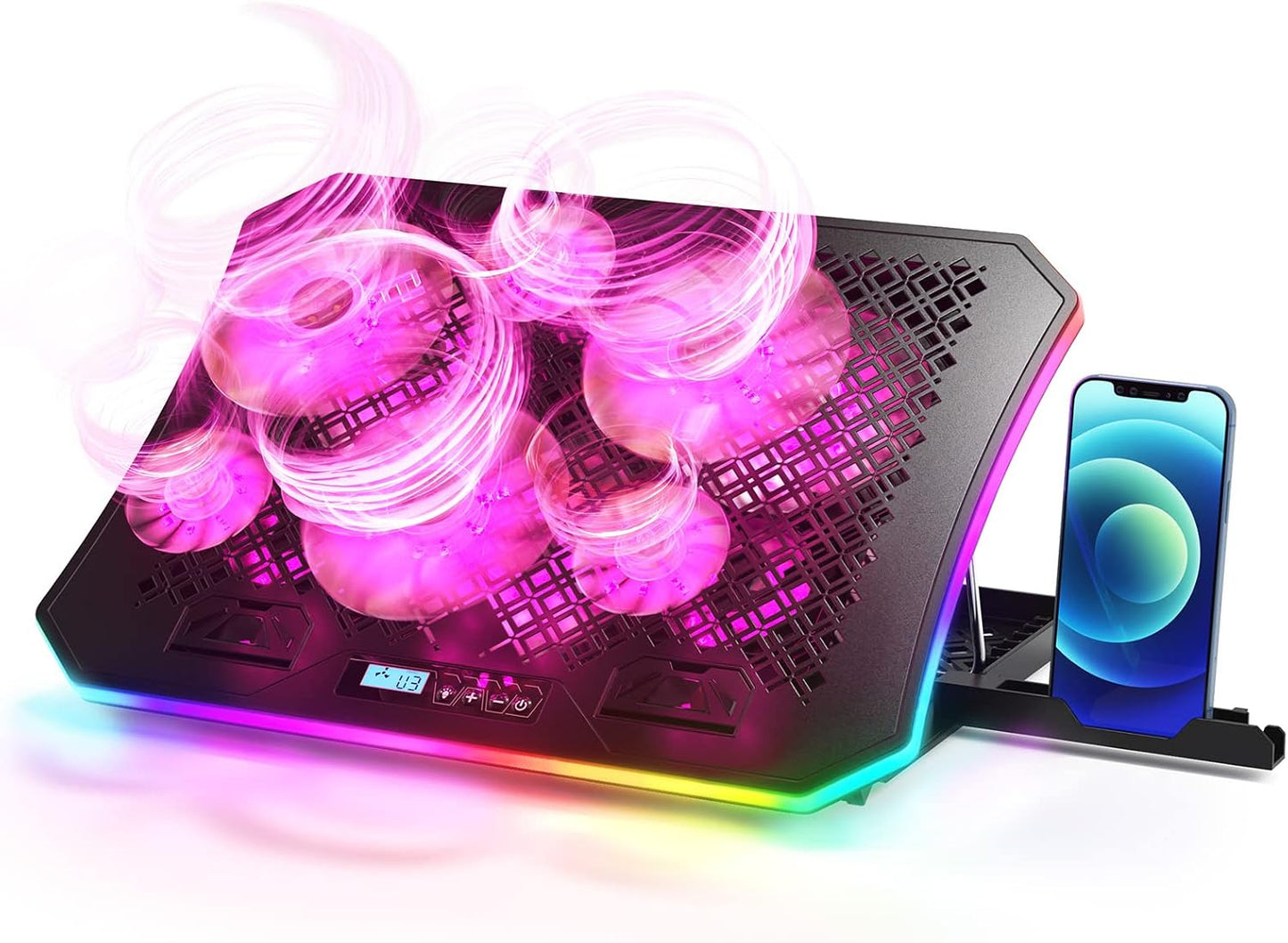 KeiBn Laptop Cooling Pad, Gaming Laptop Fan Cooling Pad with 15 Quiet Fans, RGB Laptop Cooler for 10-17.3 Inch, 4 Height Stands, 2 USB Ports - Blue