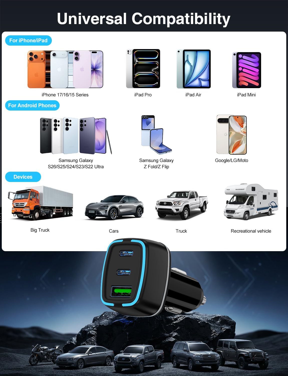 75W USB C Car Charger, 3-Port Super Fast Charging Cigarette Lighte | PD/QC 3.0 Car Cigarette Lighter Adapter for iPhone17/16/15 Pro Max & Samsung Galaxy S26/S25, with 4Pack 3/6.6FT Type-C Cables