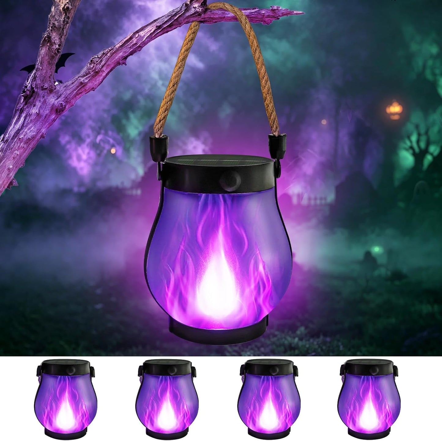 4 Pack Gen2 Solar Lanterns Outdoor Waterproof Hanging Solar Flame Lights | USB & Solar Charging, 2 Modes, Auto ON/OFF, IP65 Waterproof, Hemp Rope Handle, Indoor Outdoor for Garden Tree Tabletop Decor