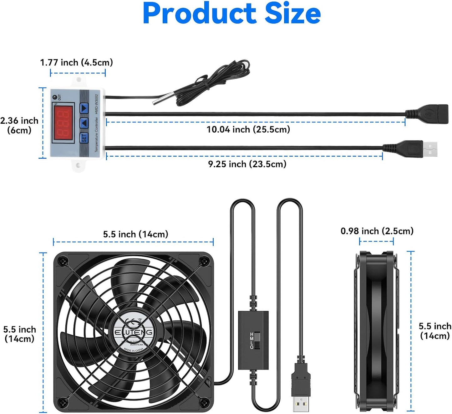 ELUTENG USB Fan 140mm with Digital Temperature Controller, 5V USB Powered PC Computer Fan 1500RPM 3 Adjustable Speeds Electronic Cooling Lufter with Metal Grill for Laptop/TV Box/AV Cabinet/PS5/Router