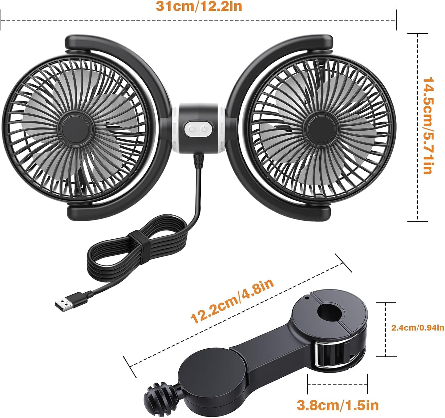 Car Fan USB Powered for Baby Backseat with 3 Speed Separately Controlled | Dual-Head Back seat Fan,Quiet Brushless Motor,360°Rotatable,5V/2A,Air Circulation For Van Truck SUV RV Backrests