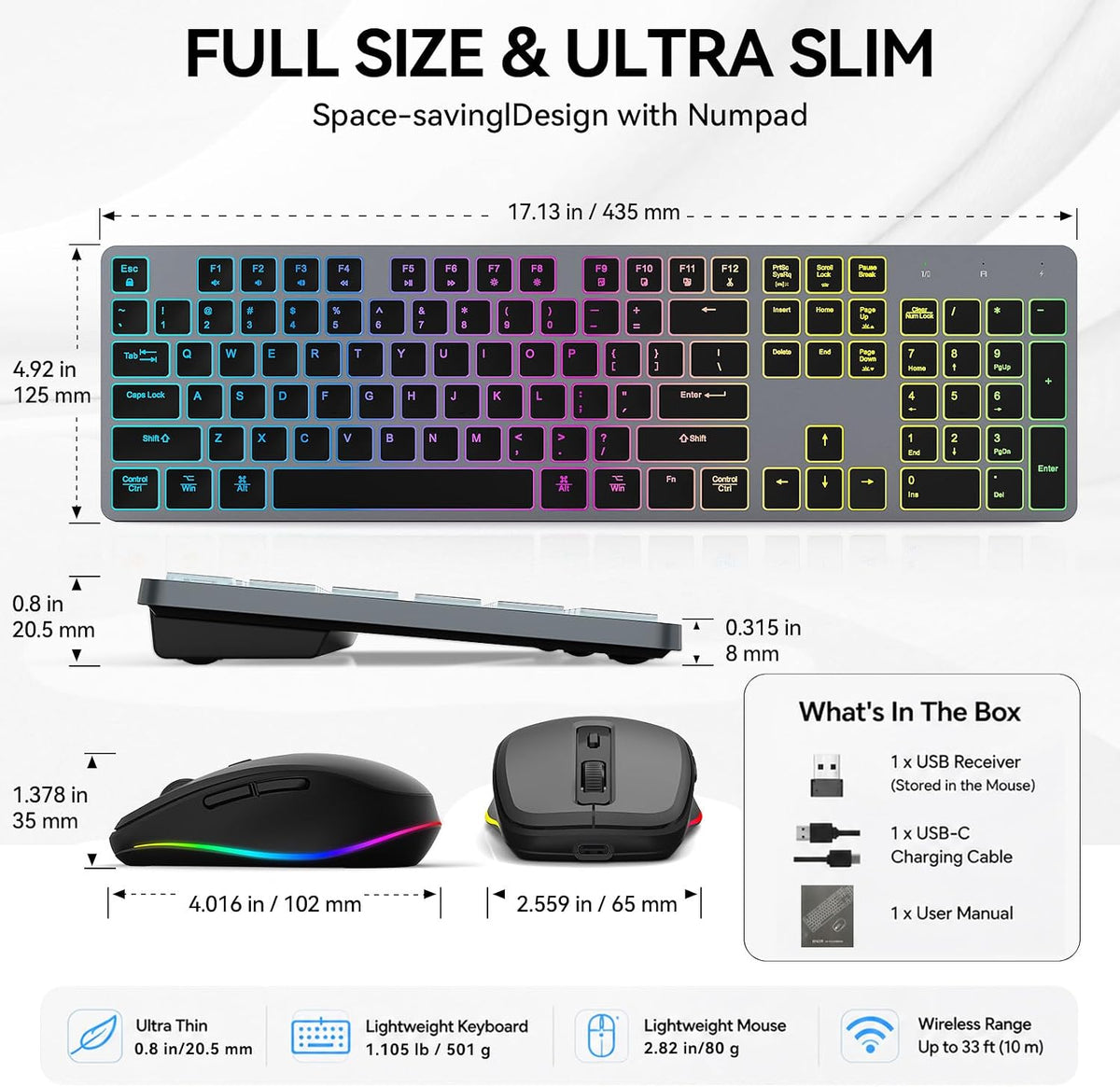 Wireless Keyboard and Mouse Combo with RGB Backlit Rechargeable Quiet Key