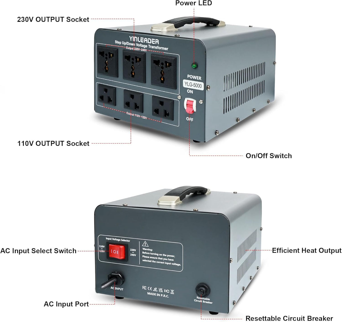 5000 Step Up/Down Transformer Converter 110/120Volt-220/240Volt | US Power Cord,Circuit Breaker Protection (Grey)