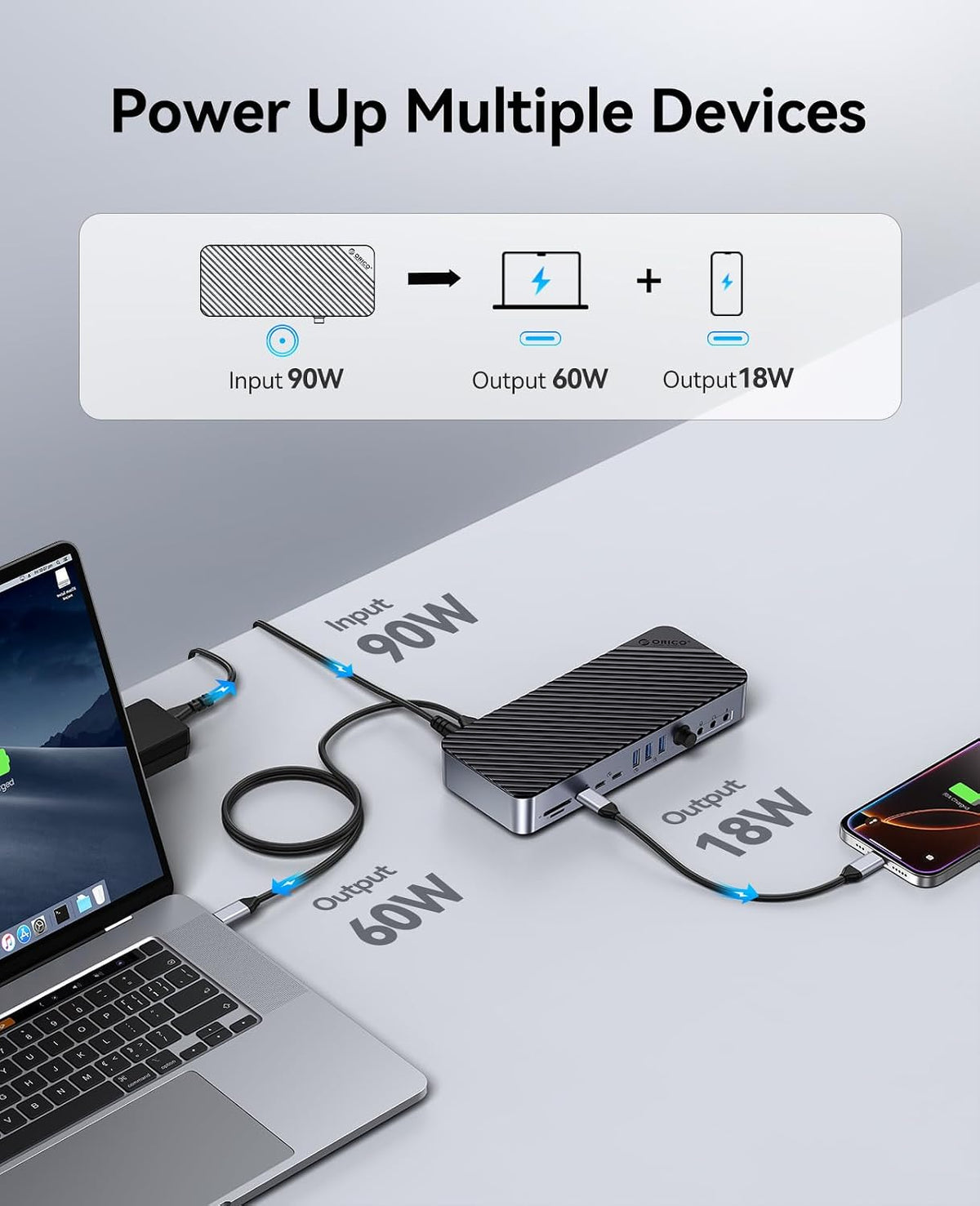ORICO 22-in-1 DisplayLink Docking Station, Quad Displays USB C Hub with 3 DP, 3 HDMI, Single 8K Output, 60W PD, USB A/C 3.2, USB-A 3.0, RJ45, SD/TF, 3 Types AUX DKA22