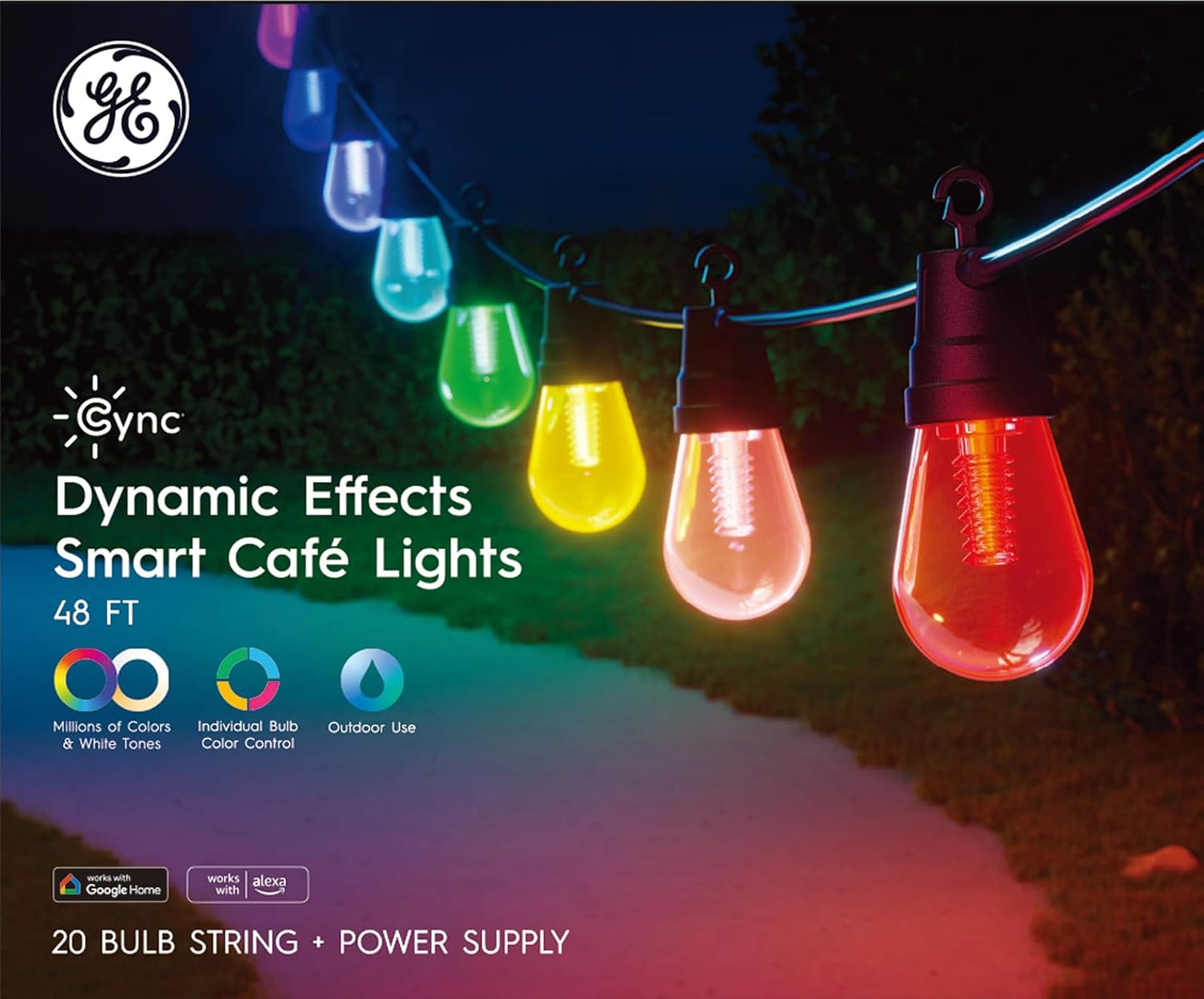Cync GE Dynamic Effects Color Changing Smart Outdoor String Lights, 48ft | App control, Alexa & Google compatible, color changing patio cafe lights, weather resistant, 48ft, dynamic lighting effects
