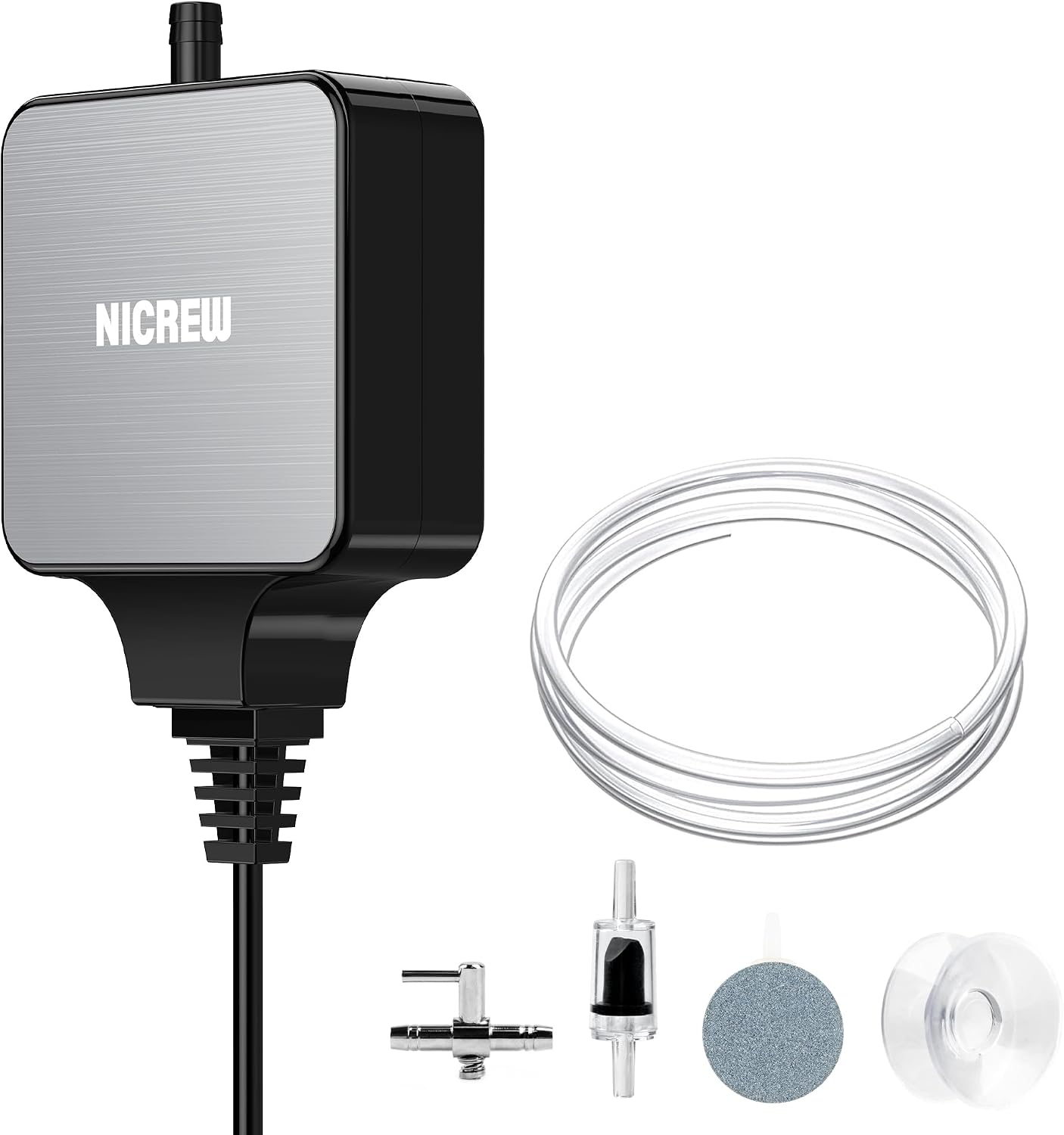 NICREW Nano Silent Aquarium Air Pump Black, Aquarium Aerator with Accessories for Up to 10 Gallon Fish Tank, Super Quiet, 0.3 L/min, 1.5 Watts