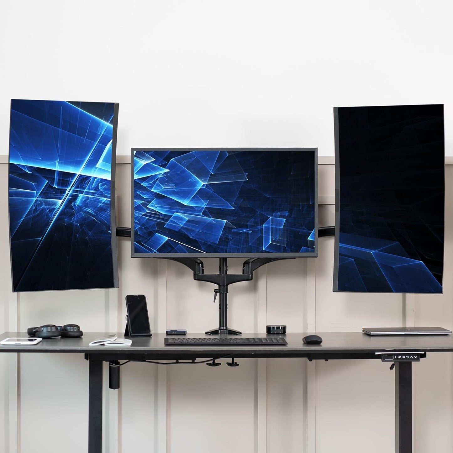 VIVO Triple Pneumatic Monitor Mount for 3 Screens up to 32 inches, Fully Adjustable, Heavy Duty Desk Stand with C-Clamp Grommet, Black, STAND-V300G
