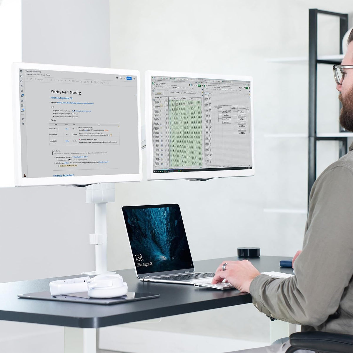 VIVO 17 to 32 inch Dual Pneumatic Monitor Mount, 2 Pneumatic Arms, Adjustable Swivel, Rotation, Heavy Duty VESA Desk Stand with C-clamp, Grommet, Max VESA 100x100, White, STAND-V002KW